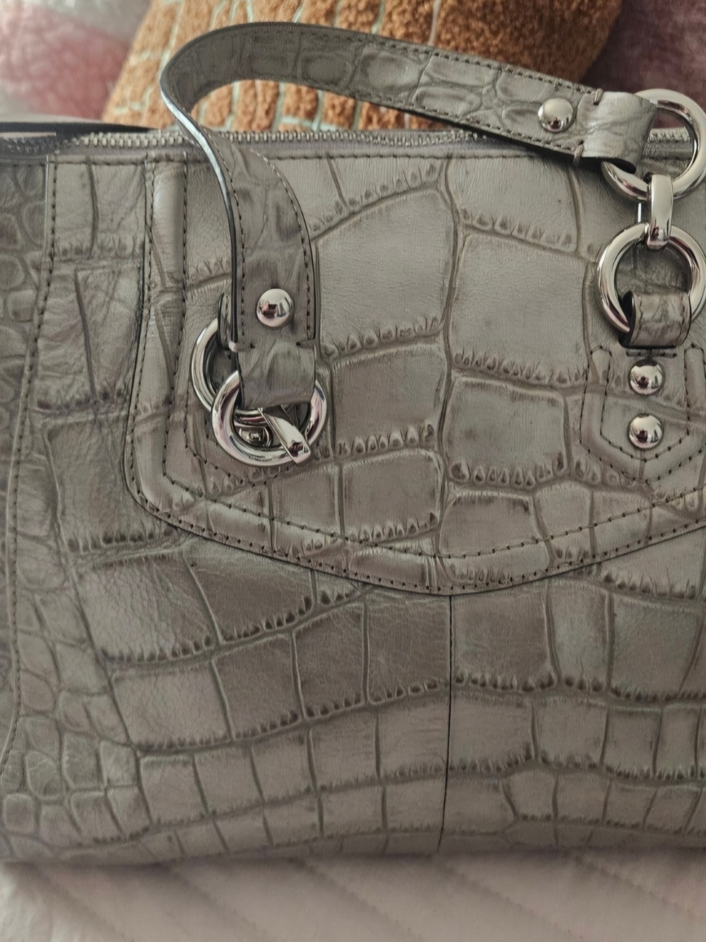Coach Silver Croc-Embossed Leather Satchel - Picture 3 of 6
